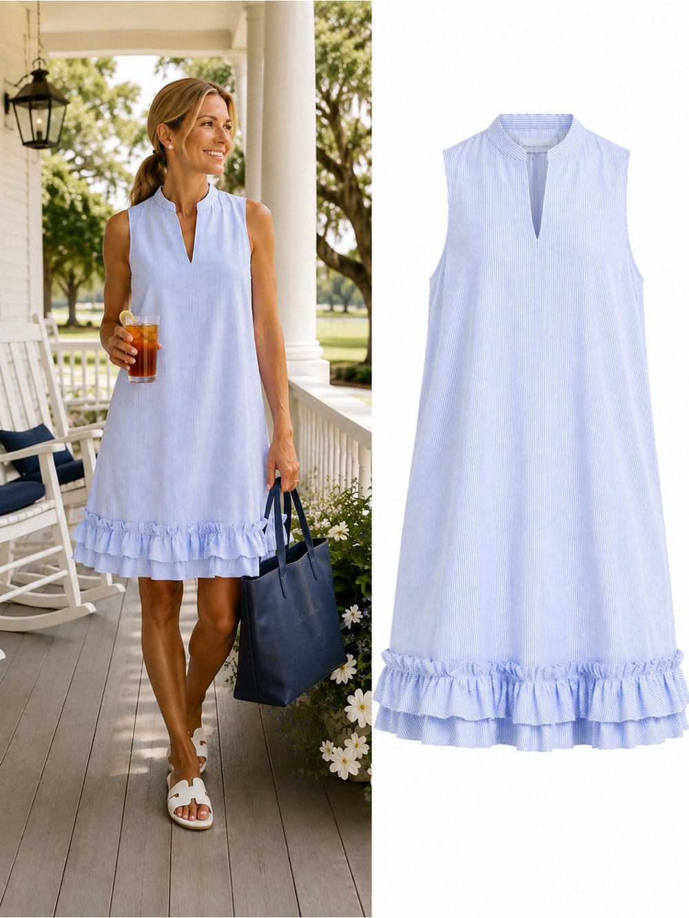 Sara Campbell Collins Dress Size Small Blue White Seersucker Stripe Ruffle Hem